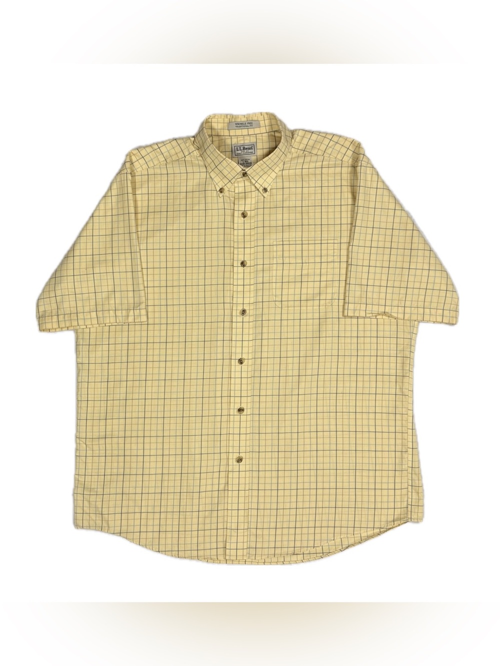 LL Bean Yellow Check Plaid Traditional Fit Short Sleeve Button Down Men Large